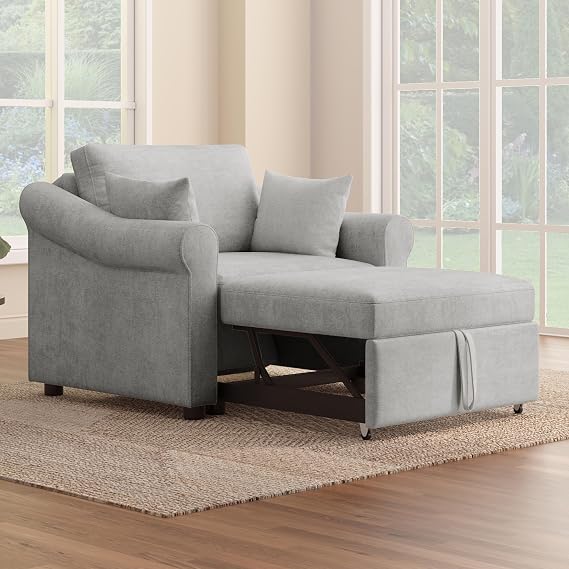 Harper & Bright Designs Chenille Convertible Sleeper Chair with Adjustable Backrest, 3 in 1 Lounger Chair Turns Into Bed, Single Bed for Living Room, Gray