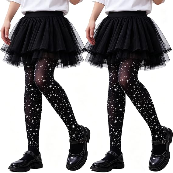 LOLANTA Girl Sparkle Stockings 1/2 Pack Stretchy Rhinestone Tights 6-12Y | Kids Footed Opaque Pantyhose, Sparkly Soft Lightweight Tights, Girl Stocking for Dance School Dress Up Daily Wear