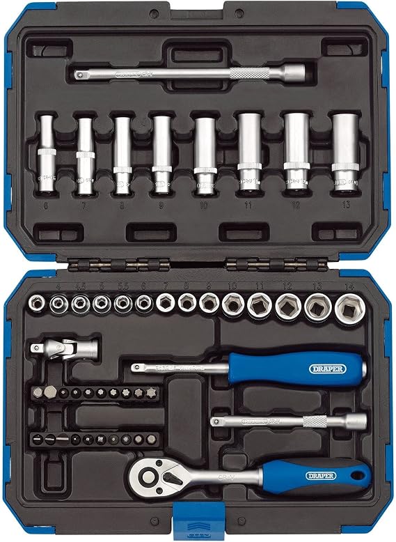 Draper 1/4" 47 Piece Square Drive Metric Socket Set | Micrometre Reversible Hand Tool |Soft Grip Ratchet | 21 Metrics Sockets Mechanics Car Tools | Professional Plastic Storage Case | 16355