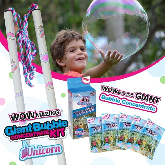 WOWMAZING Unicorn Giant Bubbles Kit Includes Wand, 7 Bubble Concentrate Pouches & 8 Sun-Activated Stickers | Outdoor Bubble Toy for Kids | Bubbles Made in USA