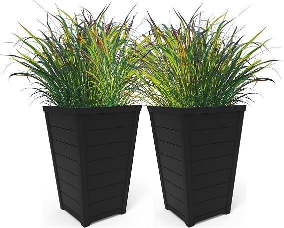Keter Set of 2 Resin Modern Outdoor 22 Inch Tall Large Flower Pots, Tapered Wood Look Planters for Outdoor Plants and Front Porch Decor, Graphite
