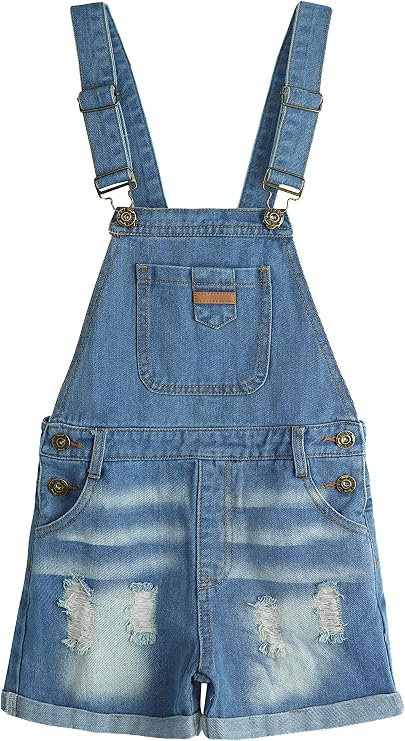 KIDSCOOL SPACE Little Big Girls Denim Overall Shorts,Boys Elastic Waistband Inside Ripped Jean Shortalls
