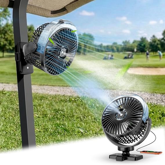 BOYISEN Golf Cart Misting Fan with 2x Magnets & Secure Strap, 12000mAh Battery Operated Mister Cooling Fan with 4 Speeds, LED, Timer for EZGO Club Car Yamaha, Golf Cart & Camping Accessories 1-Pack