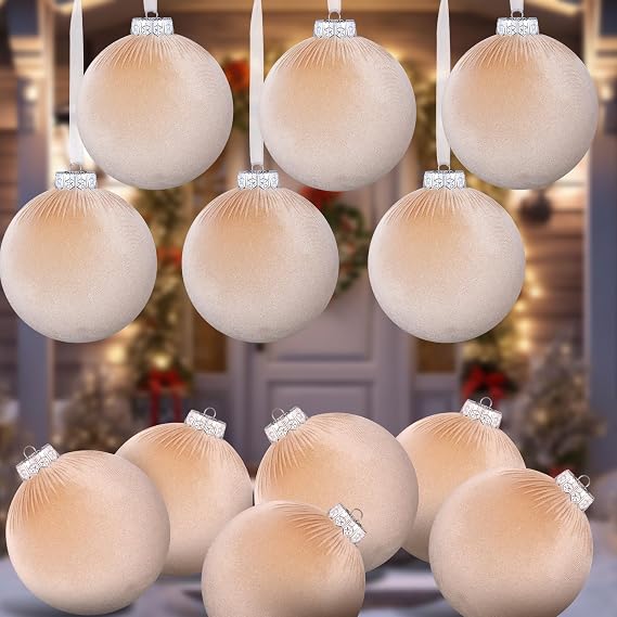 12 Pcs Extra Large Velvet Christmas Balls Ornaments Bulk 6 Inch Jumbo Flocked Christmas Tree Ornaments Xmas Bulbs Neutral Decorations Hanging for Xmas Home Party(Beige)