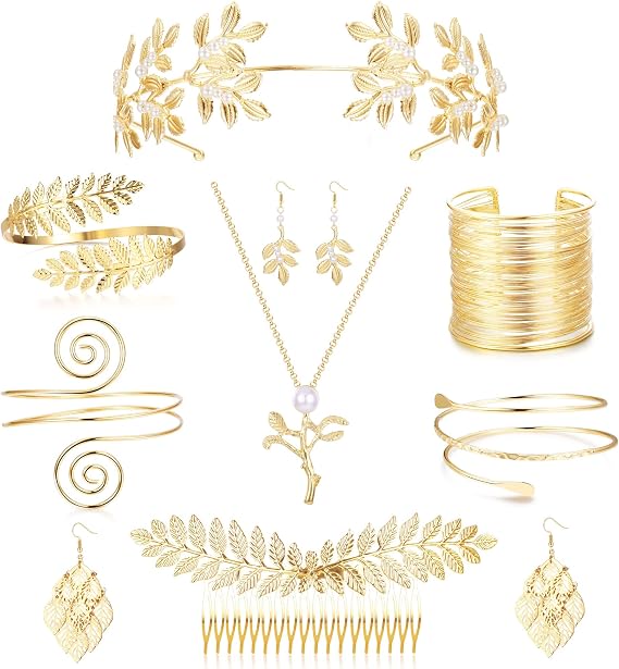 Morfetto 9 Pcs Greek Goddess Costume Accessories Set for Women Golden Laurel Leaf Crown Headband Upper Arm Coil Bracelet Pearl Leaf Dangle Earring Necklace Bridal Wedding Headpiece Toga Costume Party
