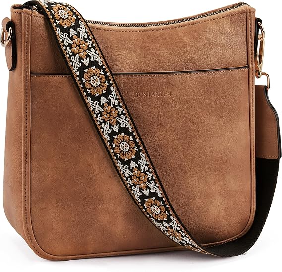 BOSTANTEN Crossbody Bags for Women Vegan Leather Purse Wide Shoulder Strap | Comfort Adjustable Guitar Strap, Roomy, Multi Pockets, Lightweight, Structured Right Size, Versatile for Everyday Travel