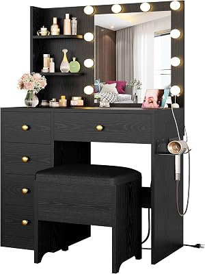 Dressing Table with Mirror Small Makeup Vanity with Mirror and Light, with 5 Drawers, Power Socket and Dressing Stool, 3 Lighting ColorsBlack