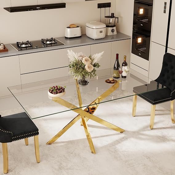63" Rectangle Glass Dining Table, Modern Kitchen Table for Apartment | Clear Tempered Glass Tabletop with Golden Metal Legs