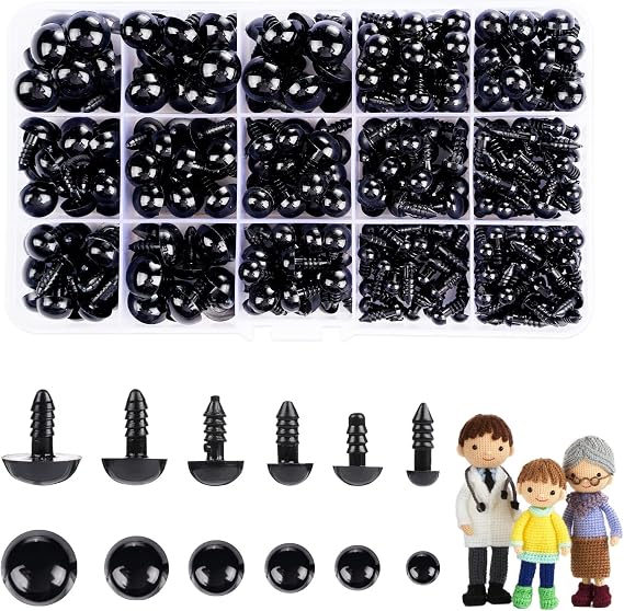 350 Pcs 6-14mm Safety Eyes for Crocheting with Washers and Size Tools Black Plastic Craft Safety Eyes for Amigurumi Doll Eyes for Stuffed Animals DIY Making Toy Crafts Decorations with Instructions