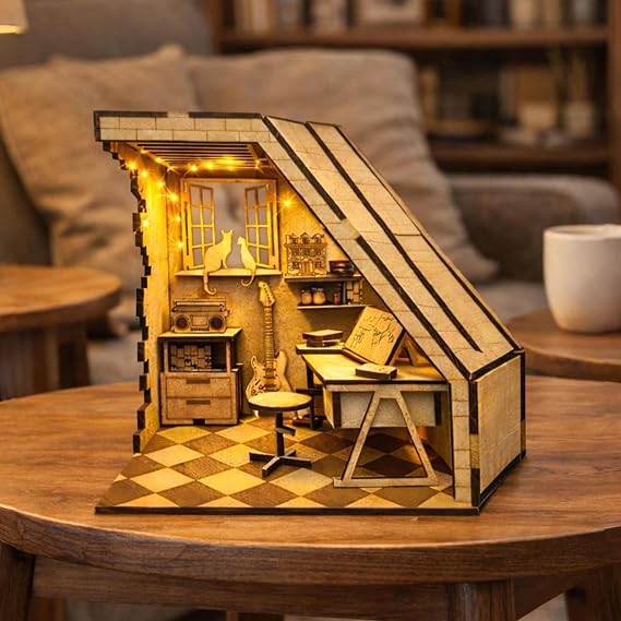AlgWoodDesign Mini Study Room Ahşap Maket, 79 Parça DIY Minyatür Çalışma Odası Modeli, Peri LED Dahil, MDF 3D Puzzle, Hobi ve Dekorasyon Seti, 15 x 13,66 x 16,2 cm