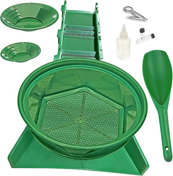 Gold Panning Kit for Serious Prospectors: Includes 31" Sluice Box, Pans, Scoop, Sniffer Bottle, and Gold VialsPerfect for Gold Rush Adventures Green Kit with Speed Flare