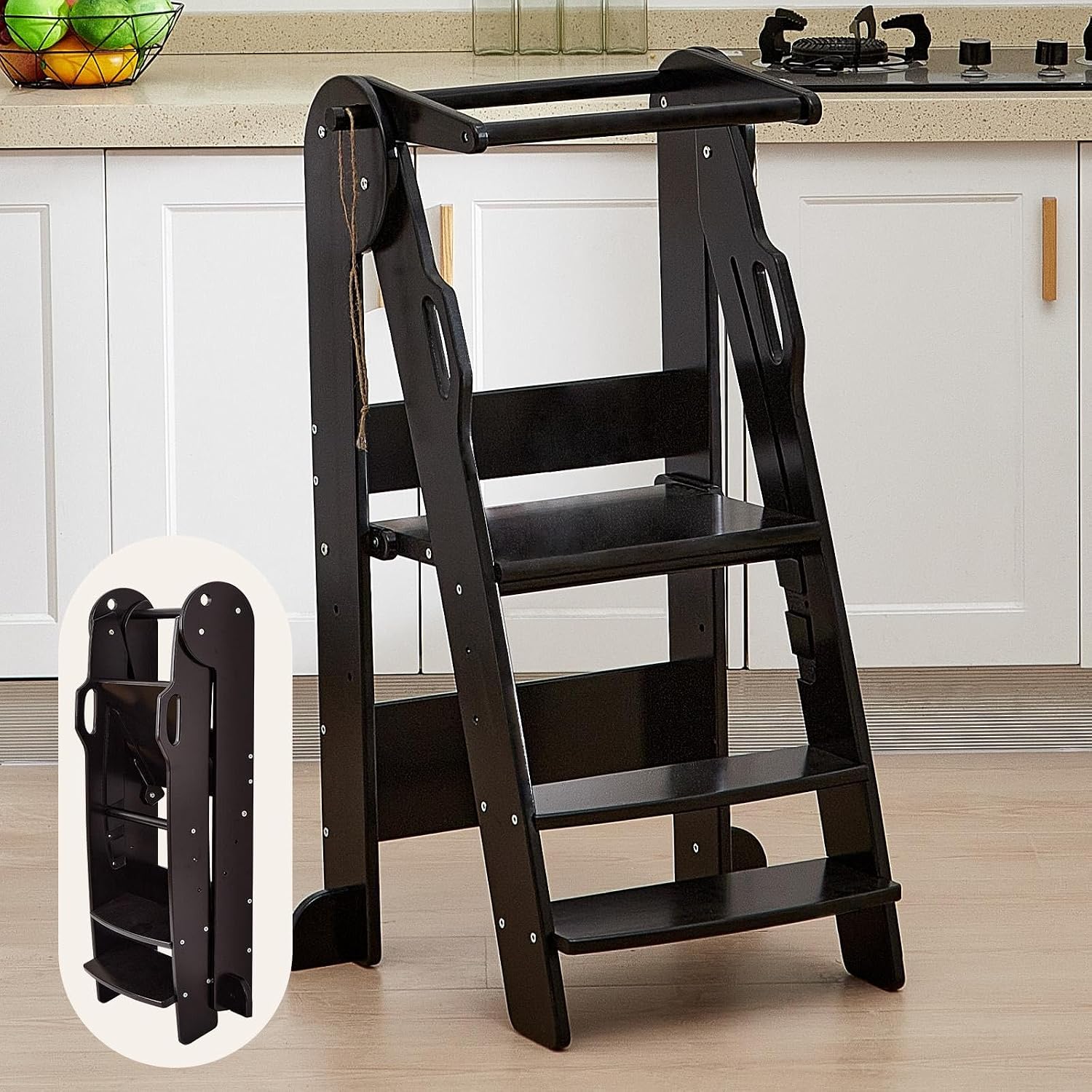 FUNLIO Foldable Toddler Step Stool for Kids 2-6 Years with 3-Level Adjustable Height, Folding Toddler Kitchen Stool with Safety Rails, Montessori Step Stool, Easy to Assemble - Black