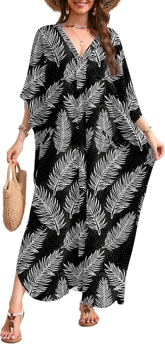 MAKABO Kaftan for Women Dress V Neck Short Sleeve Beach Vacation Bikini Swimsuit Cover Ups Loungewear for Summer