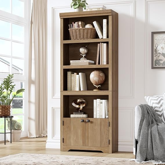 5-Tier Bookshelf, 69" Tall Adjustable Bookcase with Doors, Display Shelf