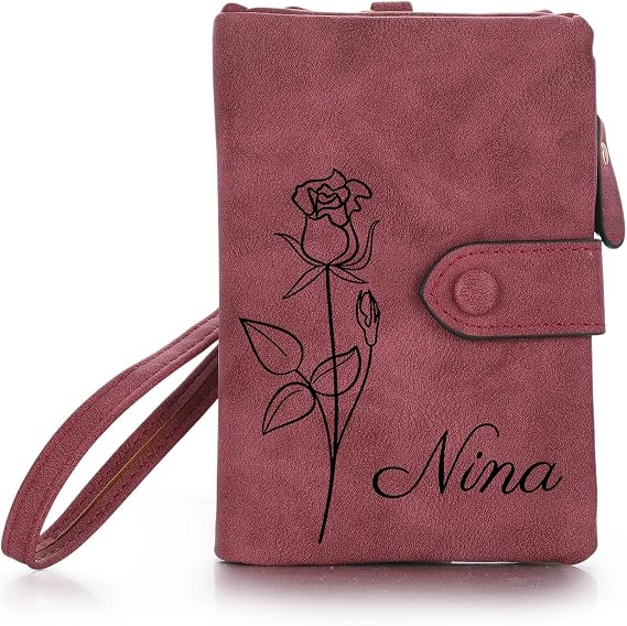 Personalized Small Purses for Women with Birth Flowers Customize Engraved Name Ladies Leather Wallet Coin Purse Birthday Gift for Mom Wife Girlfriend - Red