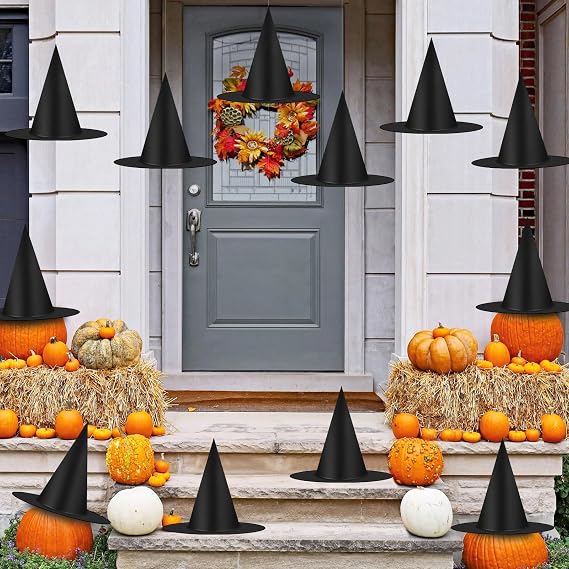 12 Pcs Halloween Witch Hat Decorations Outdoor Indoor, Floating Witch Hats Hanging Witches Hats Bulk, Thickened Wizard Hats with Rope for Home Porch Yard Hocus Pocus Halloween Decor Party Supplies