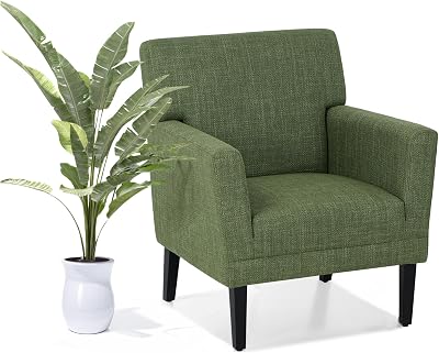 COLAMY Accent Chair, Modern Linen Accent Barrel Chair with Solid Rubberwood Legs, Comfy and Soft Armchair for Living Room, Bedroom, Reception Room, Office, Green