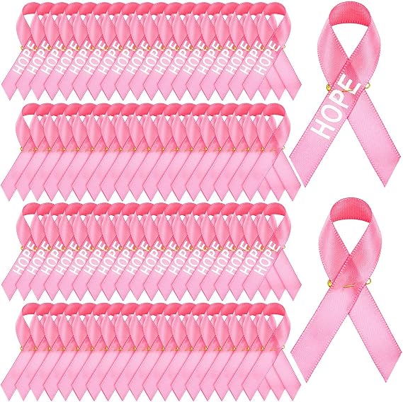 Yinder 100 Pcs Pink Ribbon Pins Breast Cancer Awareness Hope Satin Ribbon with Safety Pins Pink Ribbon Lapel Pins for Women Breast Cancer Charity Event Survivor Campaign Party Favors