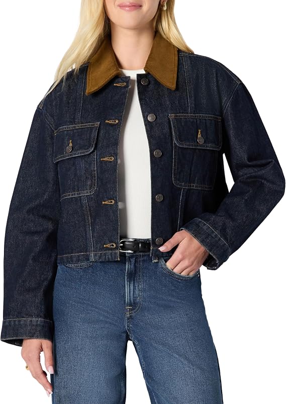 Amazon Essentials Women's Oversized-Fit Cropped Heavyweight Denim Jacket with Contrast Corduroy Collar