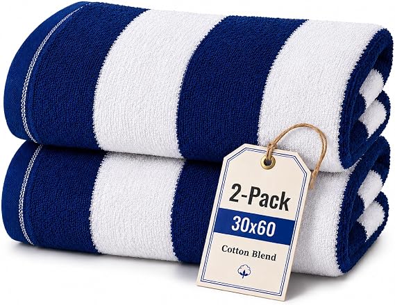 Blue Cabana Stripe Beach Towels 2-Pack Large Cotton Towels for Pool, Beach & Travel Quick-Dry, Ultra Absorbent, Cotton Blend 30x60 Inches