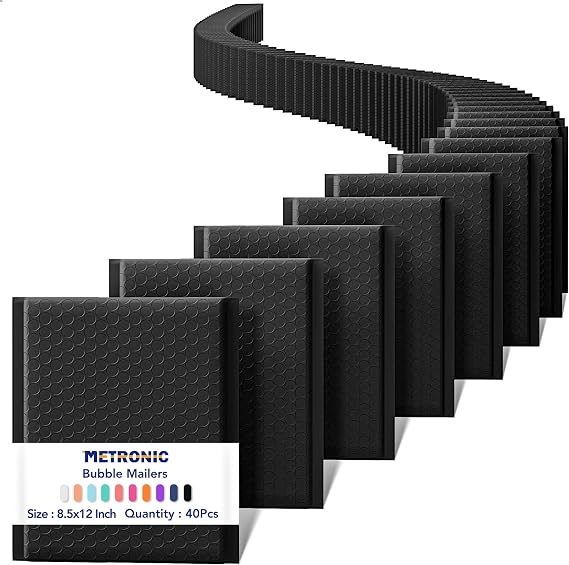 METRONIC Bubble Mailers 8.5x12" Padded Envelopes Black 40 Pack Self Seal