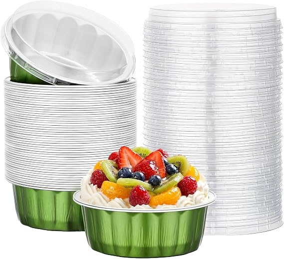 Beasea Disposable Ramekins with Lids, 50 Pack 8oz 235ml Aluminum Foil Baking Cups with Lids, Aluminum Creme Brulee Ramekins Muffin Cupcake Pudding Cheesecake Baking Cups for Party - Avocado Green