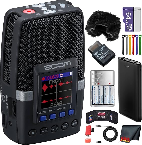 Zoom H2essential Multi-Mic 32-Bit Float Handy Recorder Bundle with Windscreen for H2E + BTA-1 Bluetooth Adapter + 64GB Memory Card + P-Bank Battery + 4xAA Battery with Charger + More