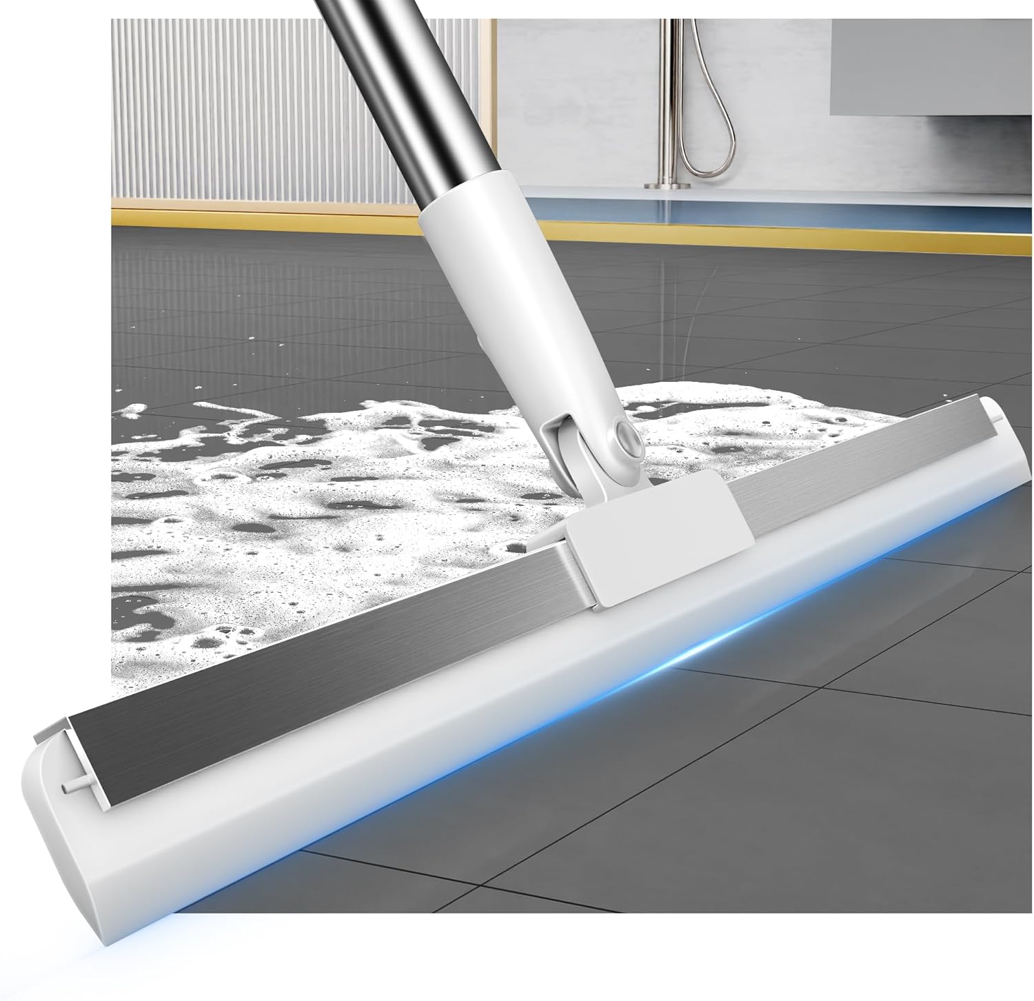 65 Long Handle Silicone Floor Squeegee -180° Rotating Head with Adjustable Handle, Removes Foam, Water Stains & Pet Hair, Ideal for Tile, Marble, Wood Floors, Glass, Shower, Kitchen & Bathroom