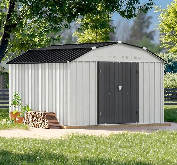 Patiowell 10x12 FT Barn Style Metal Storage Shed | Outdoor Steel Yard Shed, Lockable Doors, Utility and Tool Storage, Garden, Backyard, Patio, Outside Use