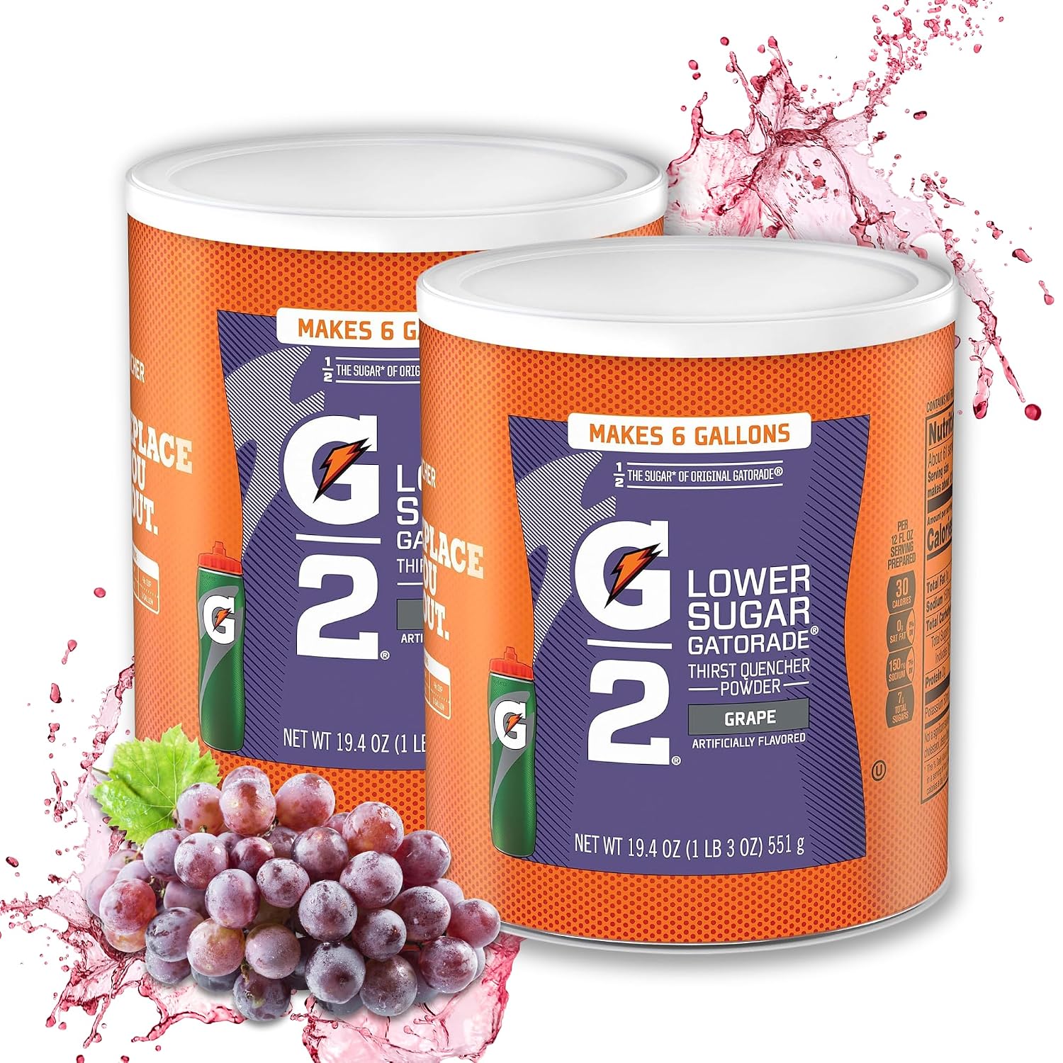 Generic Gatorade Perform G2 Grape Instant Powder 19.4 Oz. 2 Each, 6 Gallons each, Gatorade Thirst Quencher, Powder Gatorade Mix, Less Sugar, Bulk Powder Concentrate