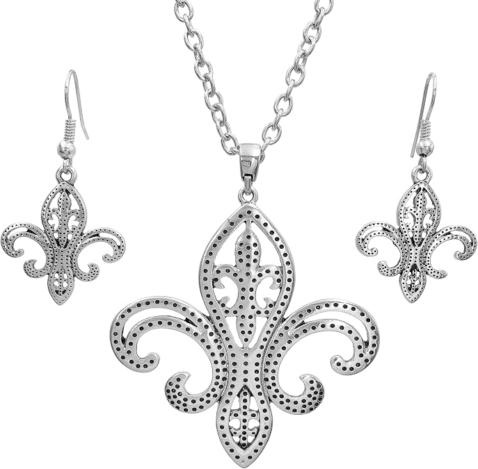 Gypsy Jewels Fleur De Lis Simple Open Fancy Swirl Dot Vintage Look Chain Necklace & Dangle Earrings Set