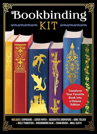 Bookbinding Kit: Transform Your Favorite Book into a Deluxe Edition - Includes: Chipboard, Cover Paper, Decorative Endpapers, Bone Folder, Gold Transfers, Bookbinding Glue, Foam Brush, Mull Cloth