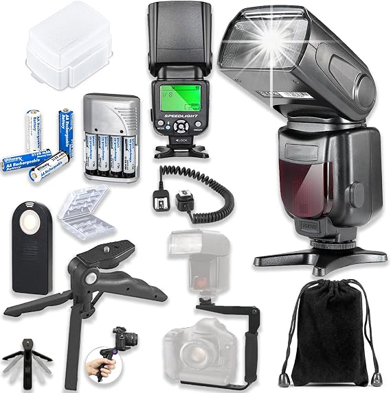 TTL Speedlight Flash for Canon DSLR Cameras Including EOS 70D, 77D, 80D, 5D Mark Series, 6D, 6D Mark II, 7D Mark II, 1D, 1DX + TTL Cord + L-Bracket + 4 AA Rechargeable Batteries + Acces