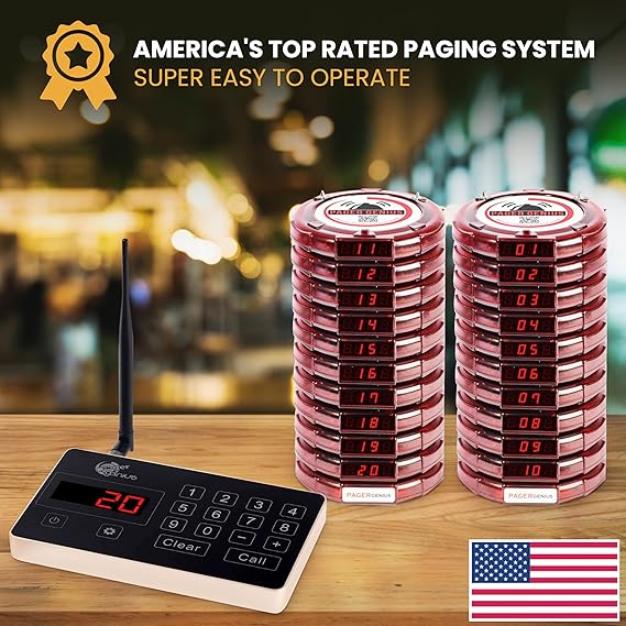 Pager Genius Complete 20 Restaurant Wireless Pager System *20 Table Guest Pagers/Buzzers - Zero Monthly Fees With USA Customer Support and - Page Smart With Pager Genius!