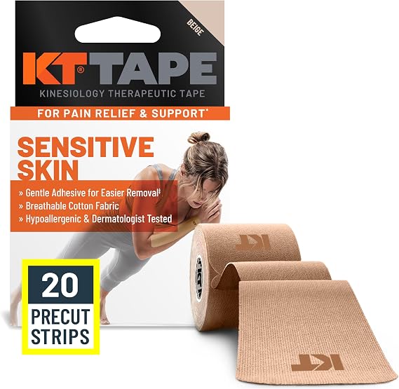 KT Tape, Kinesiology Athletic Tape, Gentle Adhesive for Sensitive Skin, 20 Count, 10" Precut Strips, Beige