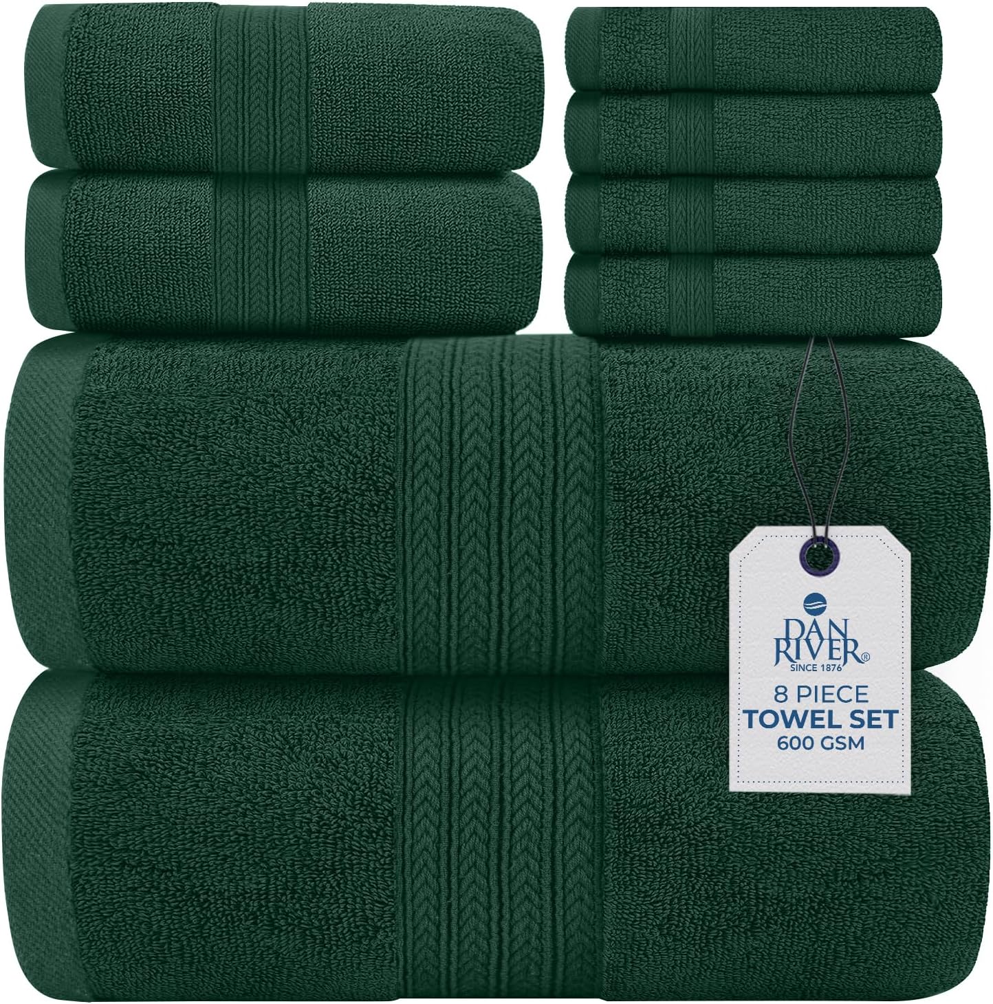 DAN RIVER 100% Ring Spun Cotton 8-Piece Towel Set, Hunter Green, 2 Bath Towels, 2 Hand Towels and 4 Washcloths, 550 GSM - Soft and Absorbent for Bathroom, Spa, and Gym