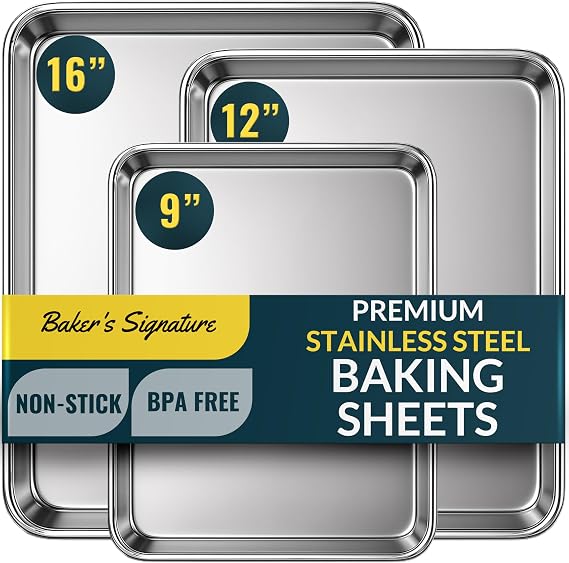Bakers Signature Stainless Steel Cookie Sheet Pan, Stainless Steel Baking Sheet Set of 3, Mirror Finish, Non-Stick, Rust Resistant, BPA Free, Dishwasher Safe, 9/12/16 Inch