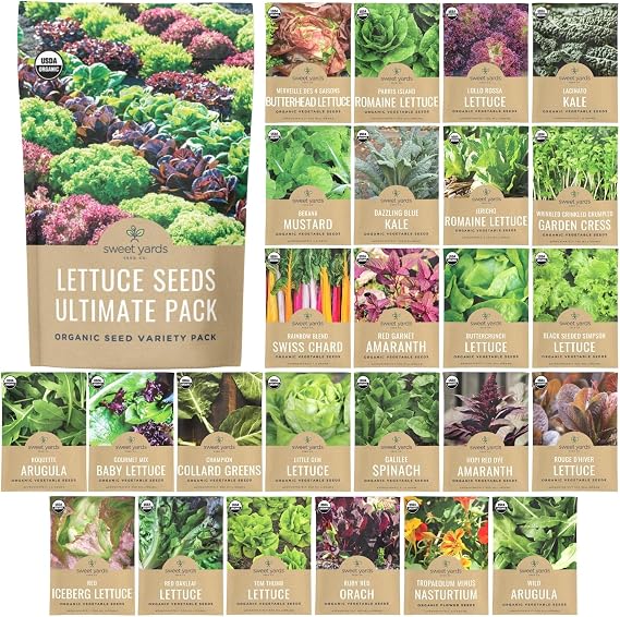 Organic Lettuce & Greens Seed Variety Pack - 25 Individual Packs - 2026 Season - Lacinato Kale, Roquette Arugula, Red Oakleaf Lettuce and More! for Indoor & Outdoor Planting