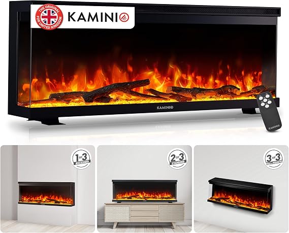 KAMINIO® Lea PRO 42 Electric fire with heater and flame effect | 3-in-1 wall mounted, inset or free standing electric fireplace, 3 sided glass, 12 LED colours, timer, remote control, black
