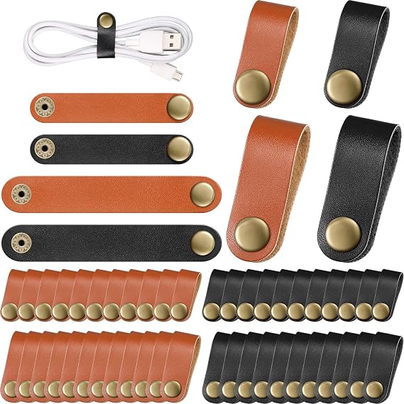 Weewooday 52 Pieces PU Leather Cable Strap, Earbud Cord Organizer, PU Leather Handmade Portable USB Cord Holder, Earphone Tie Cable Management,for Home, Travel,School, Office(Black, Brown)