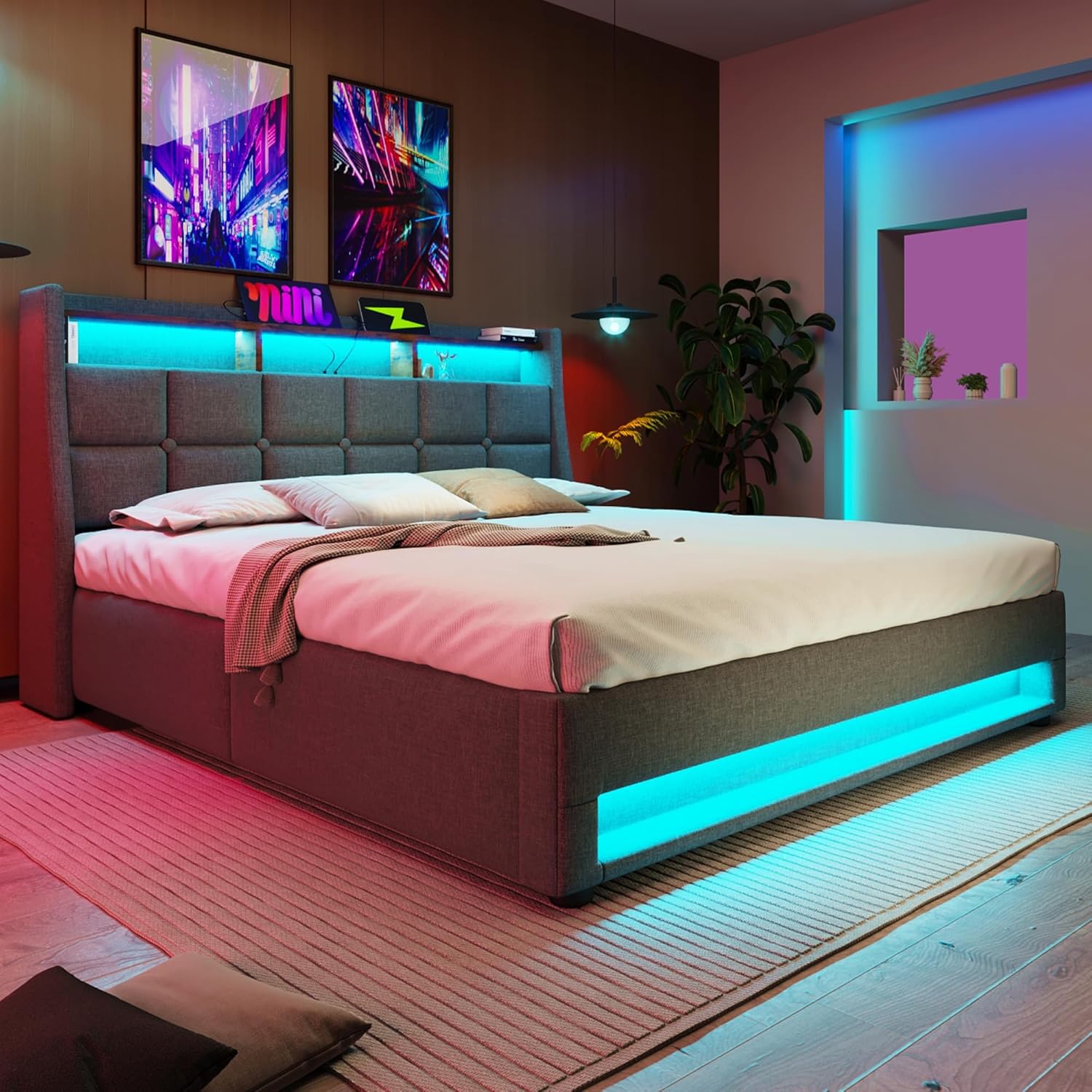 Upholstered Ottoman Bed with Hydraulic Lift & LED Storage Headboard, 4ft6 Double Bed Frame with LED Lighting & Charging Station, Grey Linen Fabric Functional Gas Lift Up Storage Beds, No Mattress