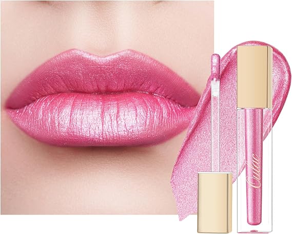 Oulac Metallic Pink Lip Gloss - Diamond Glitter Lipstick, Liquid Cream Eyeshadow, Long Lasting & Waterproof, Metallic Shimmer Finish, High-impact Lip Stain, No Transfer, Vegan, 4.5ml MD08 Pink Party