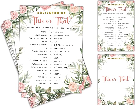 Housewarming Party Game, This Or that, Floral Greenery New Home Celebration Party Ideas, New Homeowner/First Home/Apartment/House Party Decorations - 30 Pack(B03)