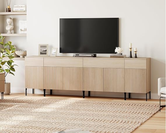 WAMPAT Fluted TV Stand with Storage for 100+ Inch TV,Modern 4 in 1 Entertainment Center with Storage Cabinets,94.5" W Wood Large Media TV Console