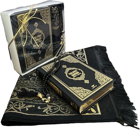 English Translate Thermo Leather Covered Quran, Tafta Prayer Mat and Beads Set |Quran Size:8x5.5x1.2 Inch/20x14x3cm | Muslim Prayer Mat | Great Ramadan Gifts for Muslim Men,Women (Black, 1 Sets)