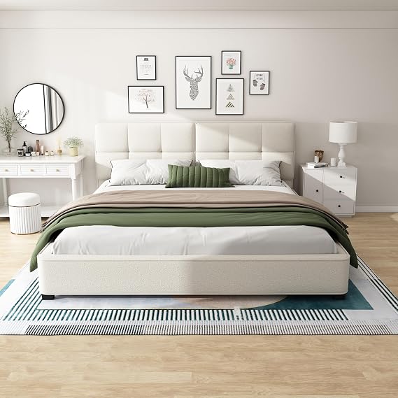 King Size Marshmallow Bed Frame with Upholstered Tufted Headboard, Boucle Soft Cloud Bed Frames, Modern Luxury Low Platform Bedframe, No Box Spring Needed, Easy Assembly, Beige