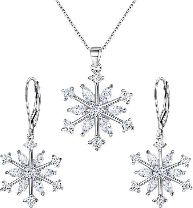 EVER FAITH Snowflake Jewerly Sets Sterling Silver Winter Accessory Sparkle Zircon Flower Necklace Leverback Earrings Set