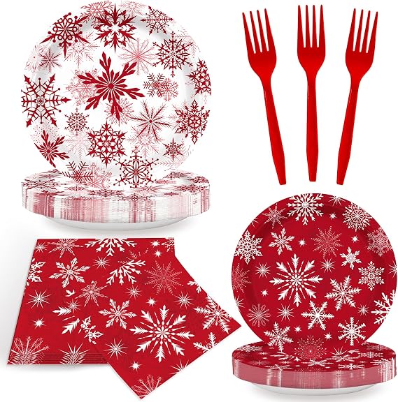 96pcs Red Snowflakes Plates Napkins Christmas Red Snowflakes Party Supplies Christmas Snowflakes Tableware Set Disposable Paper Plates Red Forks for Christmas Party Supplies Serves 24 Guests