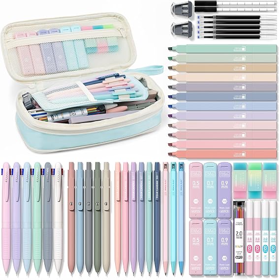 Four Candies 56 PCS Aesthetic School Supplies with Cute Pencil Case (Blue)