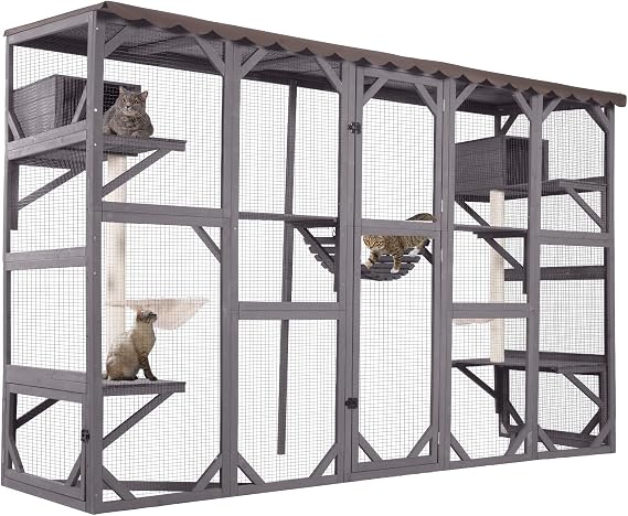 Catio Outdoor Cat Enclosure Window Cat House Wall Mounted Wooden Cat Cage with Scratching Posts,Resting Box